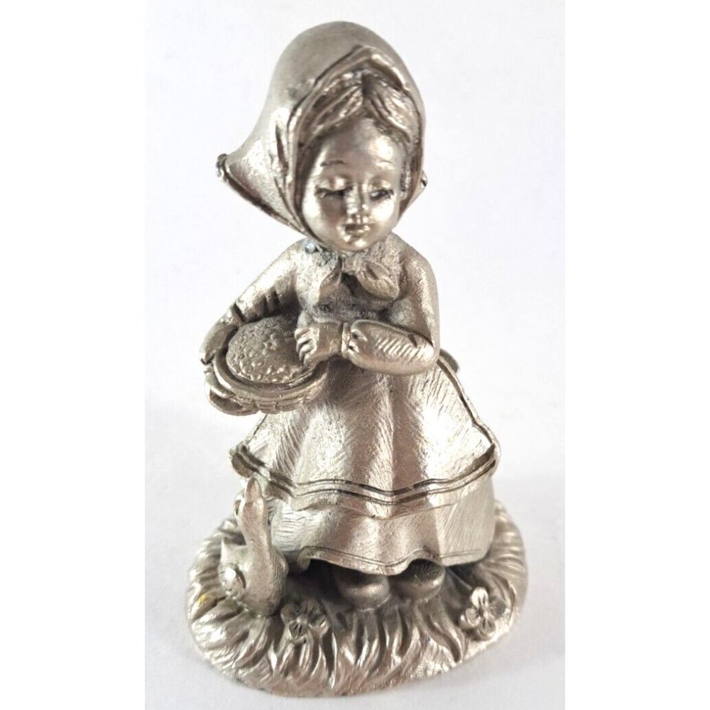 Vintage Peltro Pewter Figurine Peasant Girl Feeding Duck Apron Flowers 4.5"